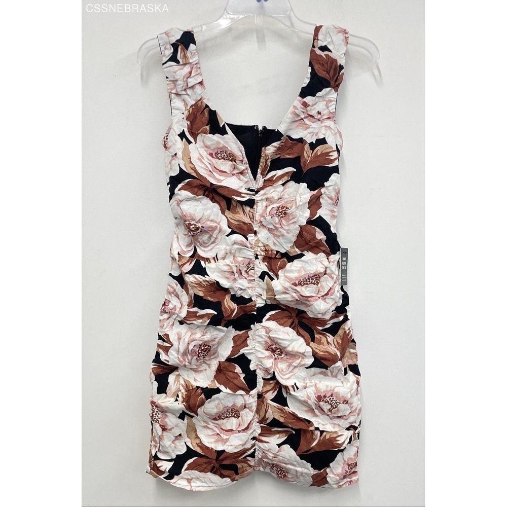 Express Brown Cream Black Floral Linen Blend V Bar Neck Ruched Mini Dress XS